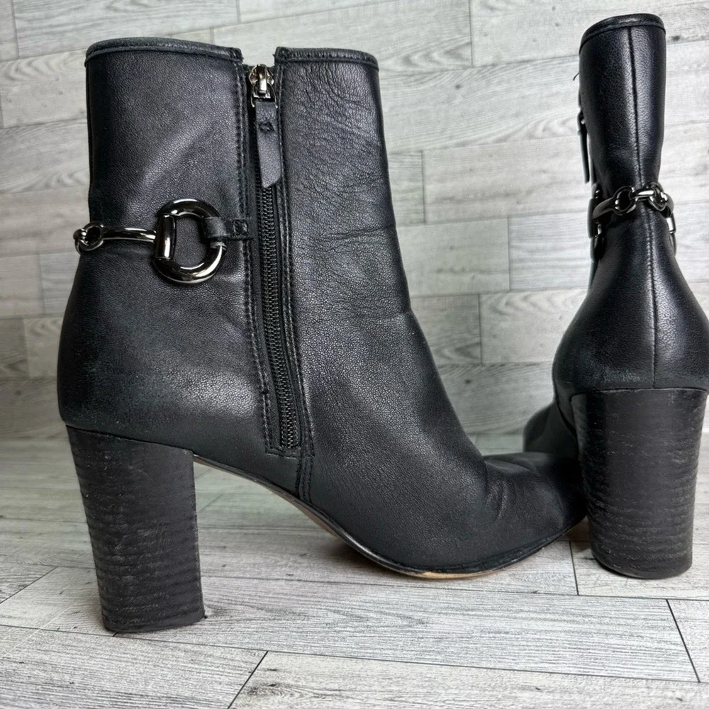 Talbots Bit Detail Ankle Boots Womens 8.5M‎ Black Leather Block Heel Zip GOOD